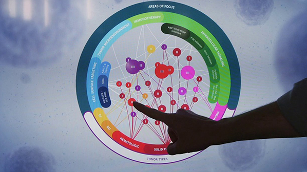 Attendee interacts with interactive data visualization touchscreen