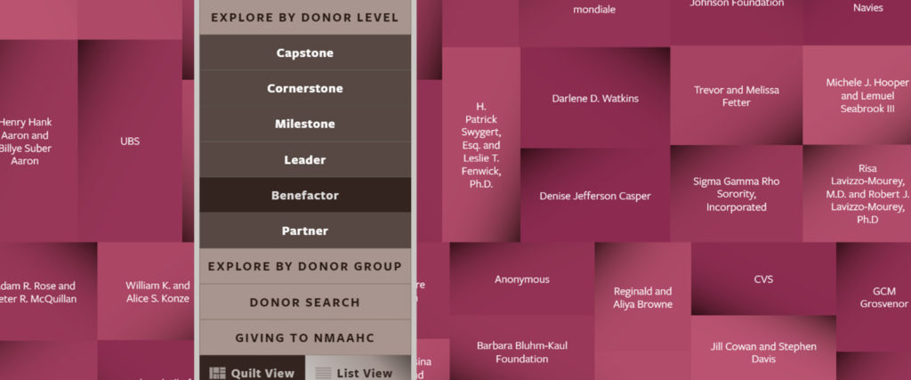A close-up view of an interactive data visualization of donor information.